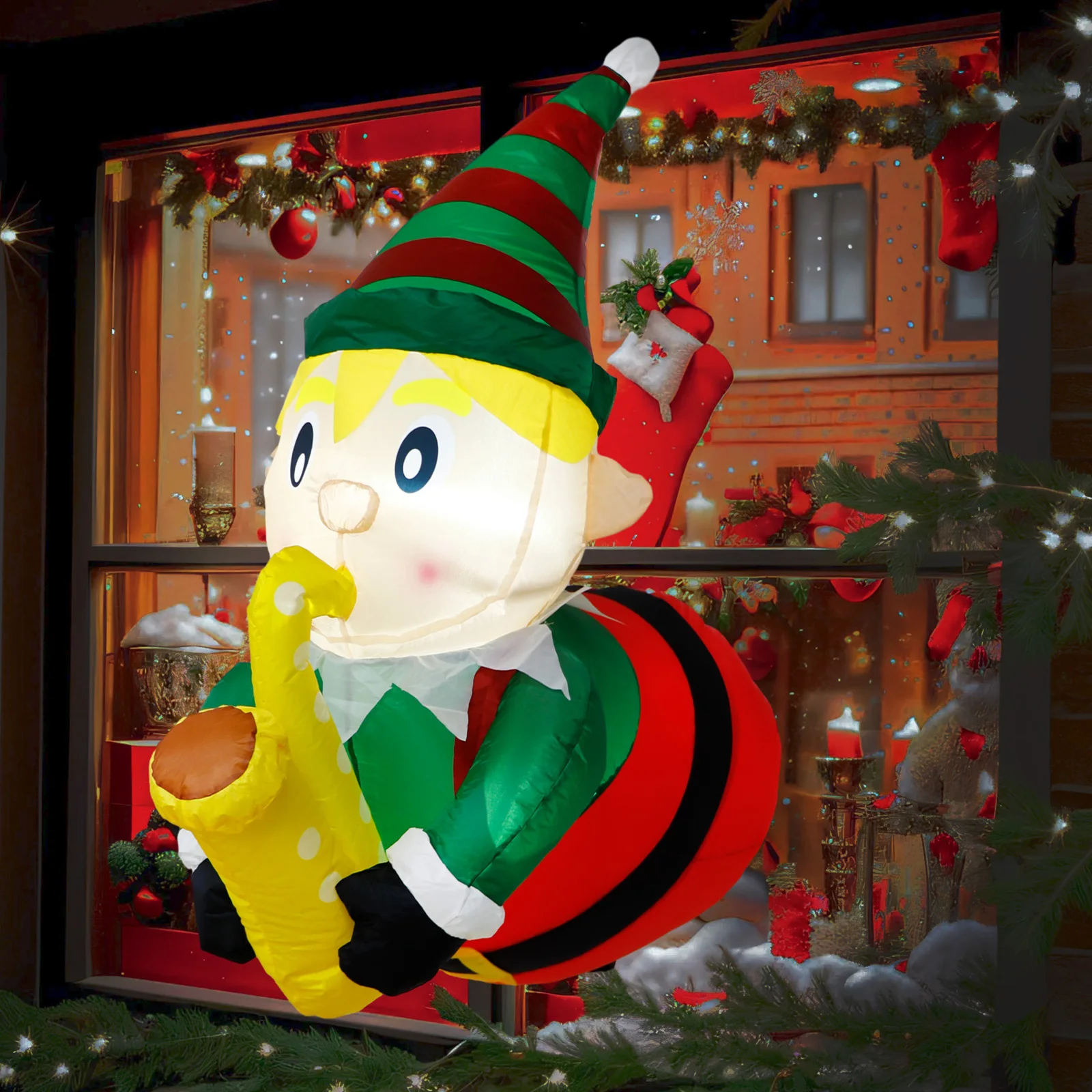 

3.5Ft Christmas Saxophone Playing Elf Inflatable, Breaks Out of Window Built-in LED Lights Christmas Decorations for Yard Decor