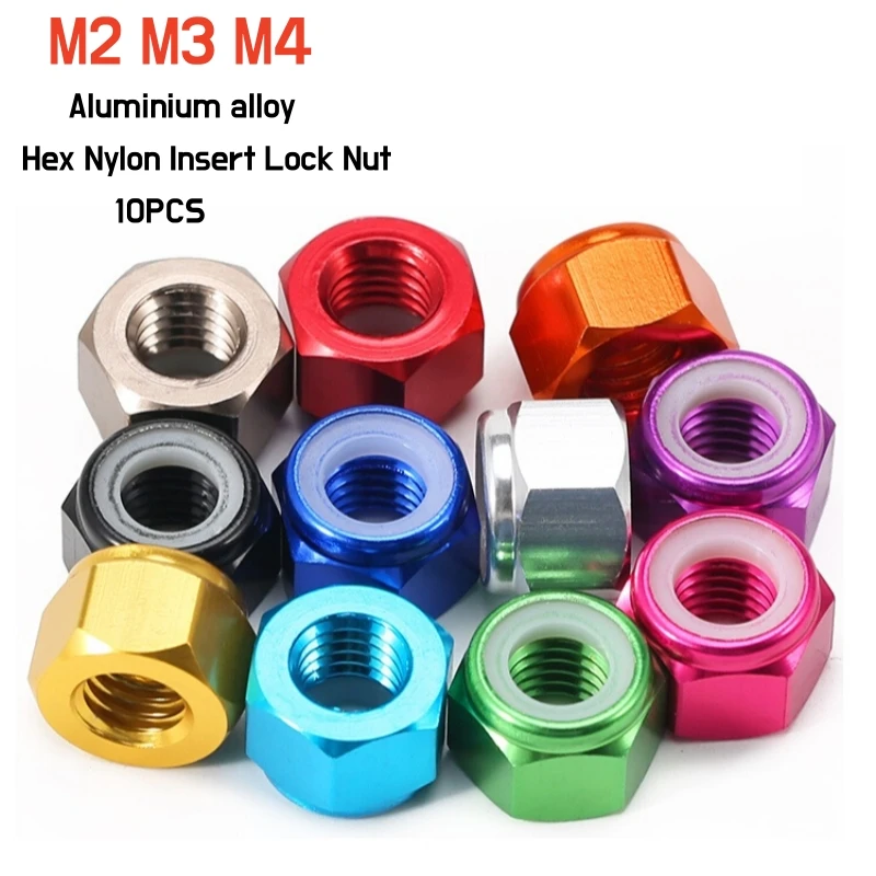 M2M3M4 Sicherungsmutter mit Sechskant-Nyloneinsatz aus eloxiertem Aluminium, Blau/Rot/Rosa/Orange/Lila/Grün/Gold/Titan/Silber/Schwarz, selbstsichernde Mutter
