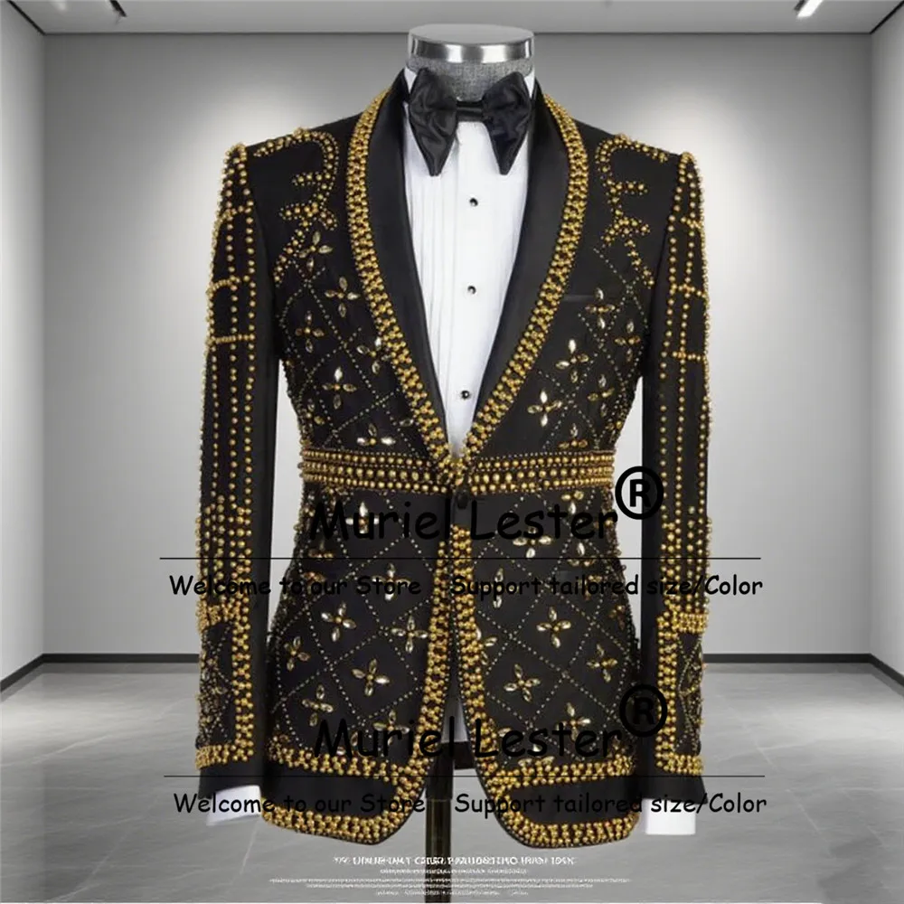 

Мужские костюмы с золотыми камнями и жемчугом на свадьбу, комплекты из 2 предметов, однобортные пиджаки для выпускного вечера, индивидуальный костюм Homme, смокинг жениха из бисера