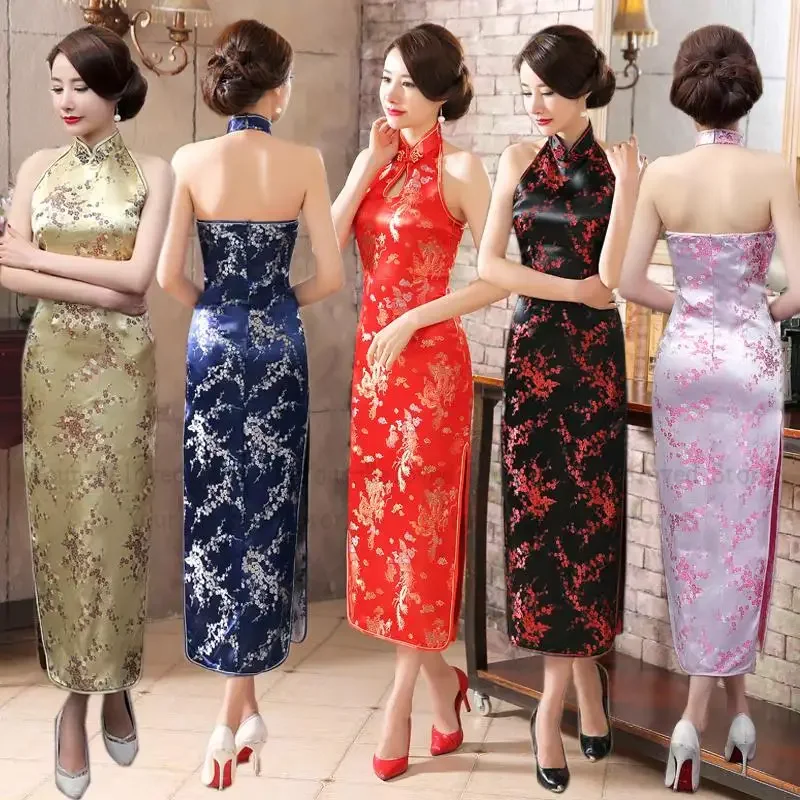 

Сексуальное Cheongsam без рукавов, длинное платье, женское атласное жаккардовое платье Ципао с цветочным принтом, китайские традиционные платья, элегантный костюм для вечеринки, платье