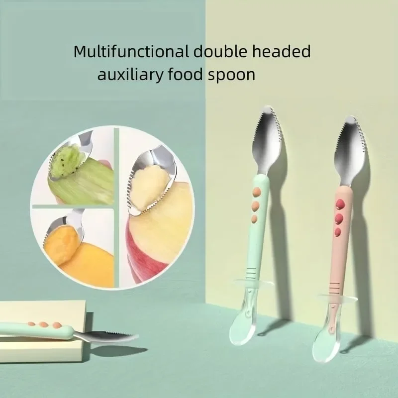 Stainless Steel Baby Double Head Scraping Fruit Spoon Silicone Double Head Scraping Fruit Puree Spoon Complementary Food Spoon