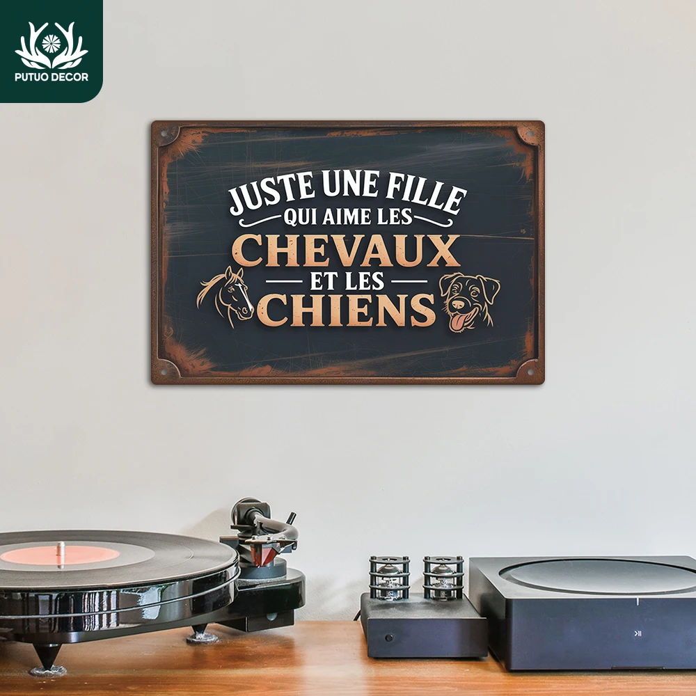 Putuo Decor 1 Stück französisches Vintage-Metallblechschild, JUSTE UNE Fille QUI AIME LES CHEVAUX und Les Chiens, Geschenk für Haustierpersonen
