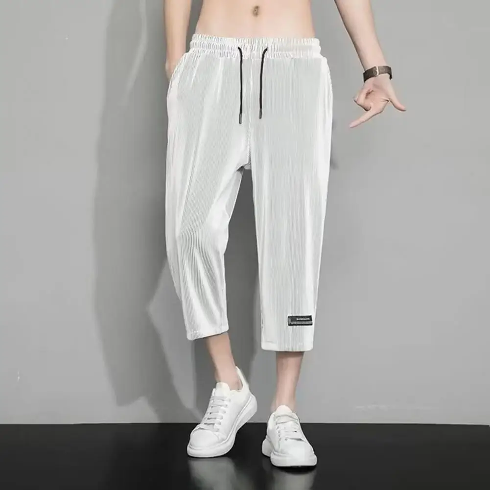 

Breathable Men Pants Men Cropped Pants Quick Dry Breathable Men's Ice Silk Drawstring Pants with Pockets Loose Fit for Soft