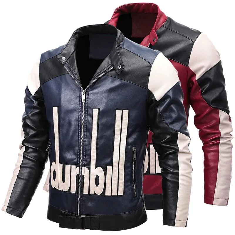 

Jacket JG-6832 Men's Color Matching Motorcycle Stand-up Collar Youth Leather Plus Velvet Warm Casual Trend