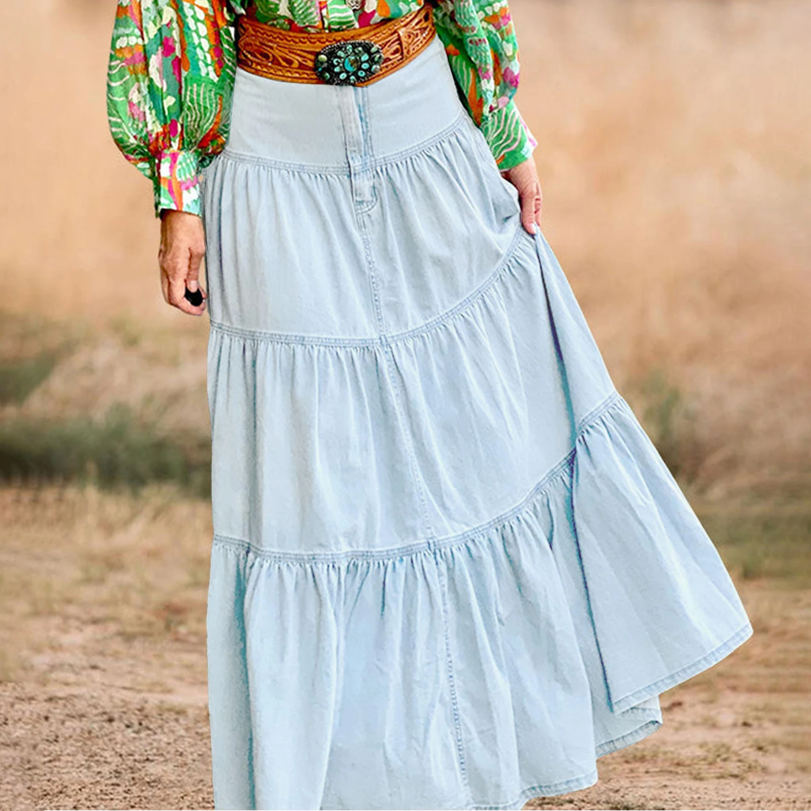 

Women's Fashion Denim Long Skirts Stylish Solid Color High Waist A-Line Jean Skirt for Summer Spring