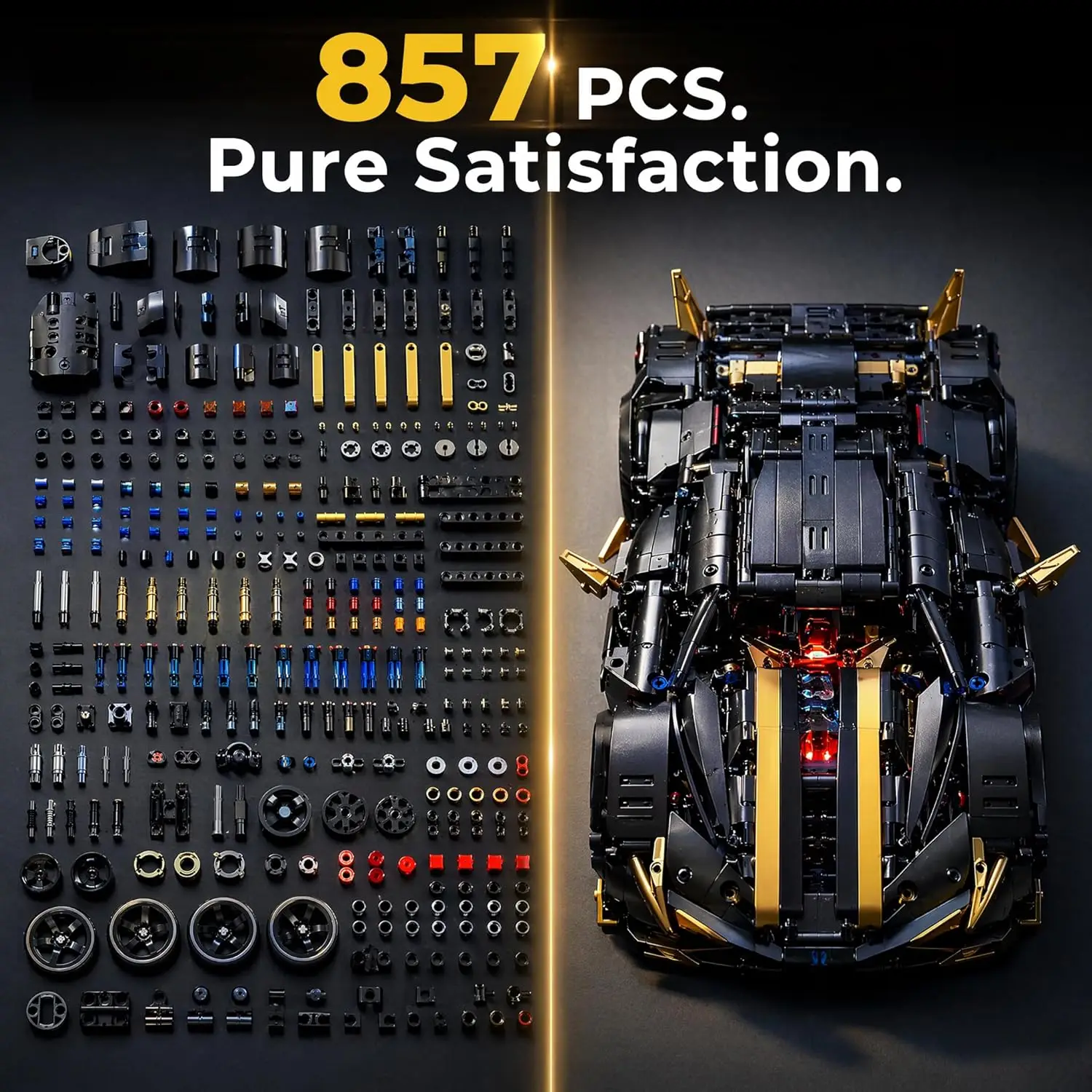 1:14 Scale App-Controlled RC Car Building Kit, 857 Pieces with Front and Rear LED Lights, Integrated Power System, for Creative Building and Exhibition