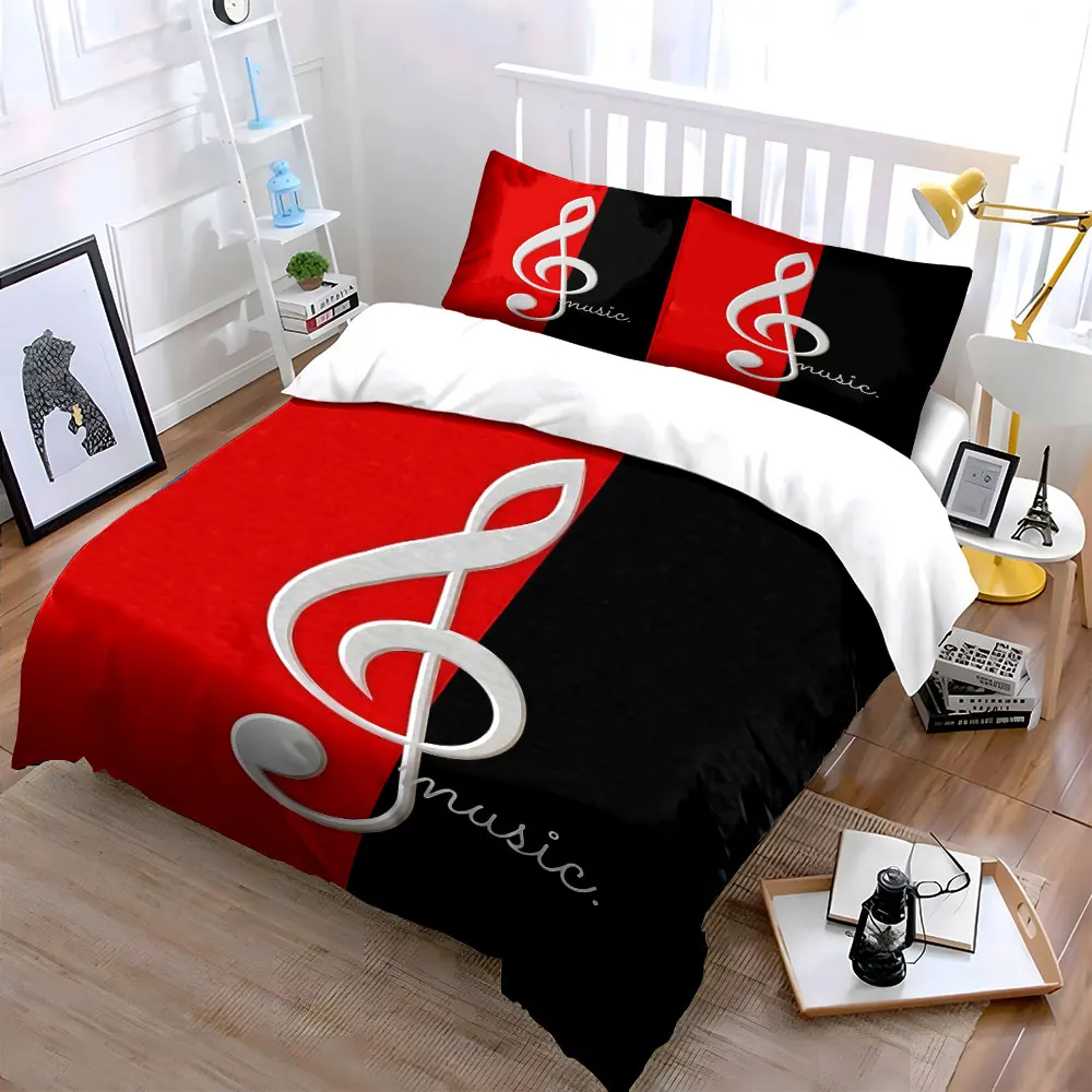 White treble clef on red-black background Bedding Set 1 Duvet Cover 2 Pillowcases for Adult and Children Luxury Gift Full Size