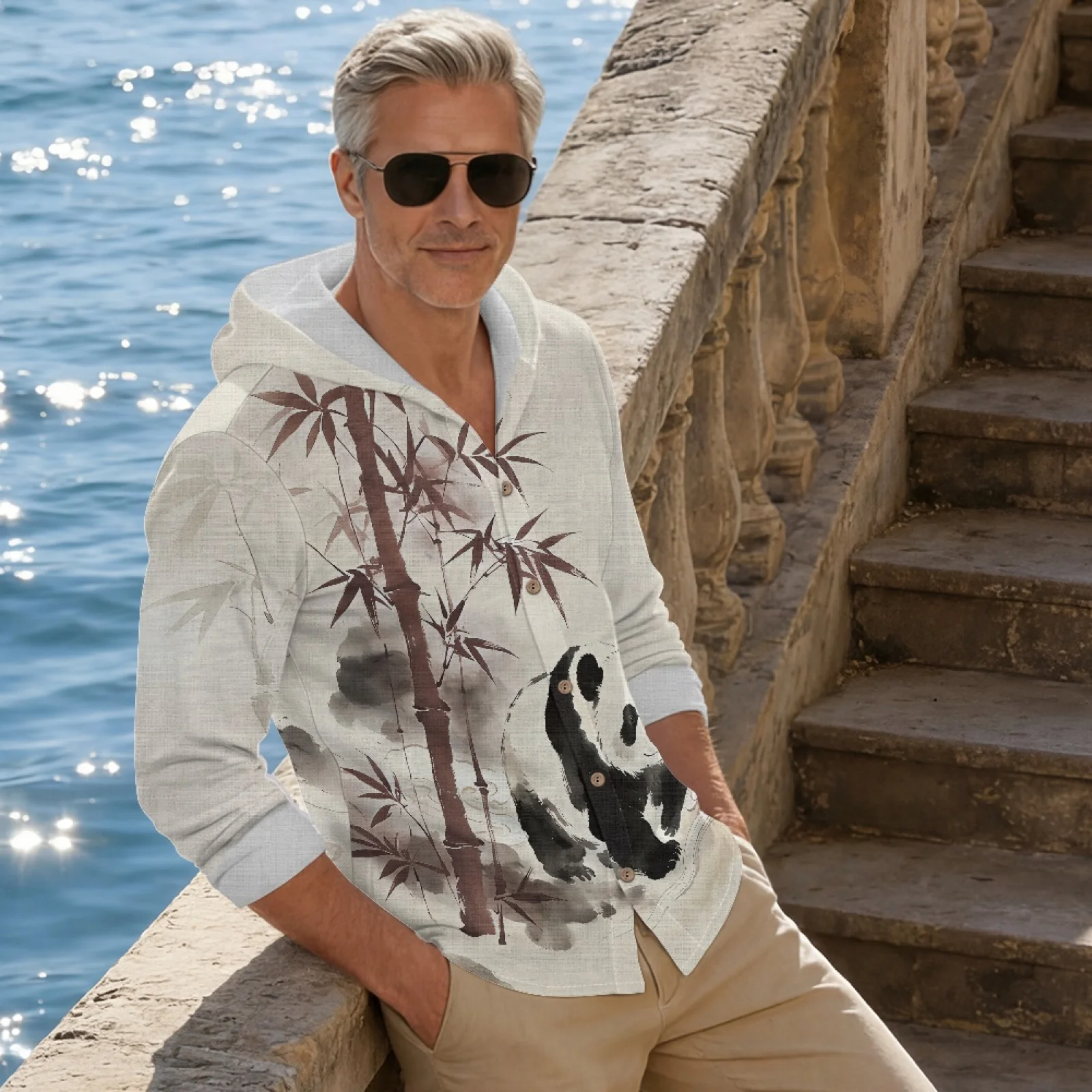 PENSTROLL Panda Ink Linen Like Men's Linen Hoodie Button Front Beach Cover Up for Outdoor Size S-3XL