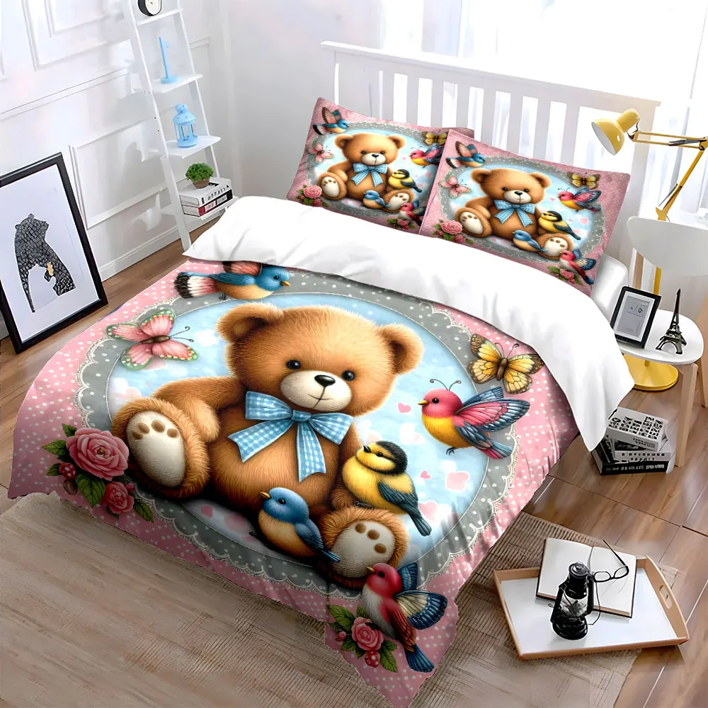 Cute Teddy Bear with Colorful Birds Printed Duvet Cover Set 1 Duvet Cover+2 Pillowcase Multi Size Bedroom Bedding Decor