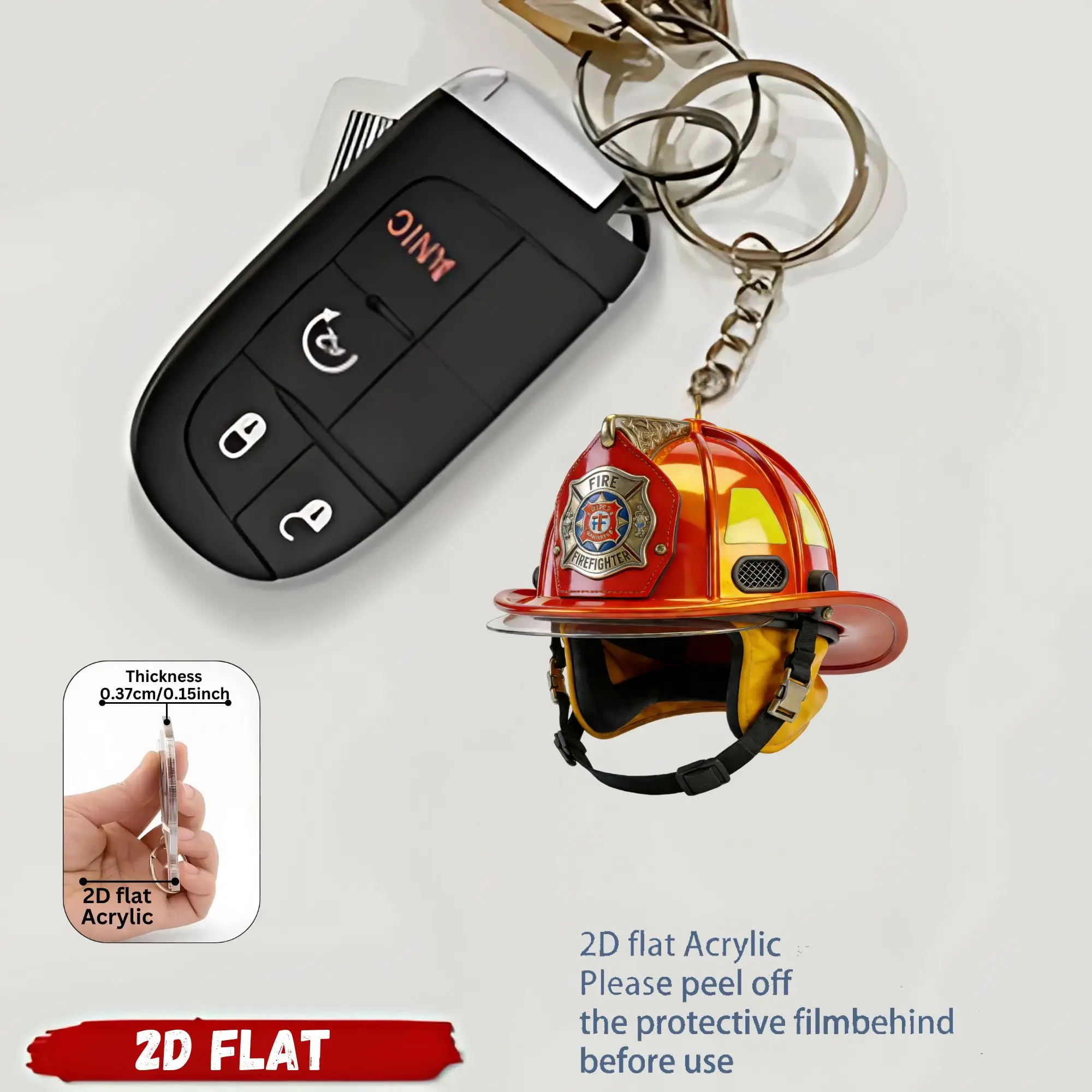 Firefighter Helmet Keychain 2D Flat Acrylic Pendant Firemen Themed Ornament Hanging Decoration for Car Bags Festive Party Gift