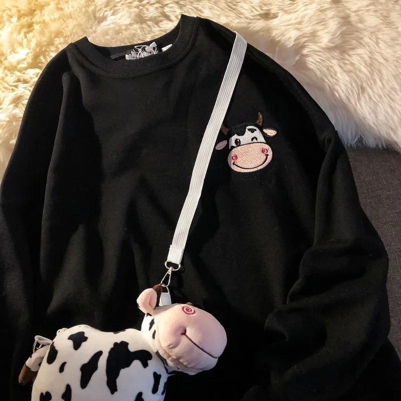 

Kawaii Cow Print Pullover 2024 Fashion Korean Jumper Women Japanese Harajuku Cute Milk Embroidered Long Sleeve Hooded Sweatshirt