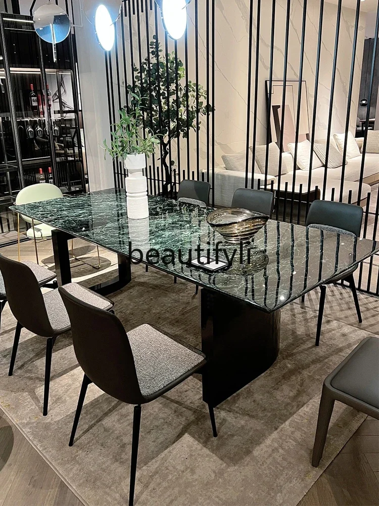 Light luxury minimalist large flower green natural luxury stone rectangular dining table high-end villa custom simple home