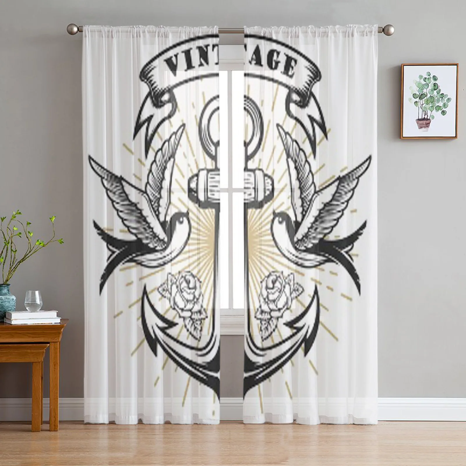 Old School Style Swallow Anchor Chiffon Sheer Curtains for Living Room Bedroom Kitchen Decoration Window Voiles Tulle Curtain