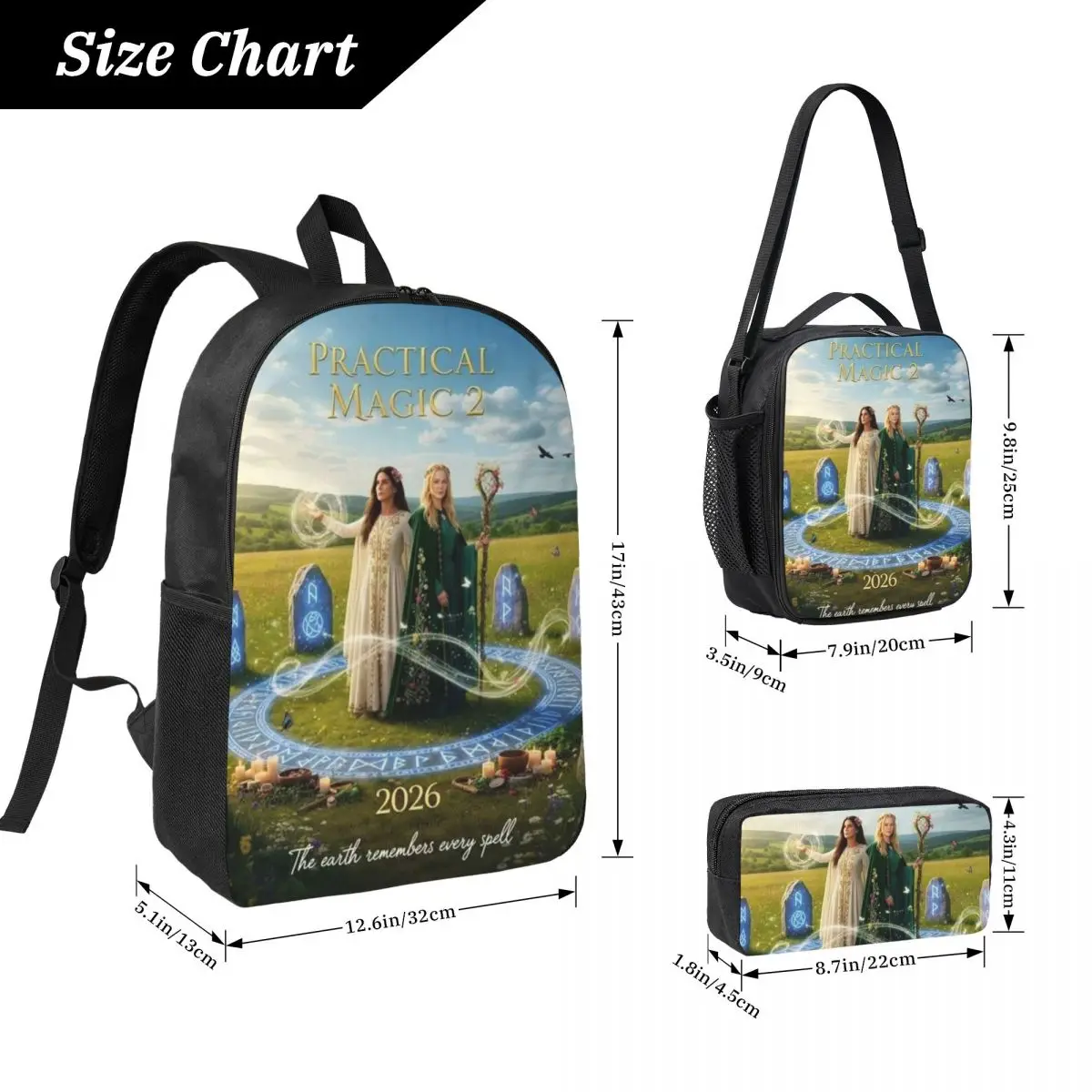 3Pcs Practical Magic 2 Accessories Backpack Set for Children Pen Bags Bookbag Sets with Lunch Box For School Students Daypack