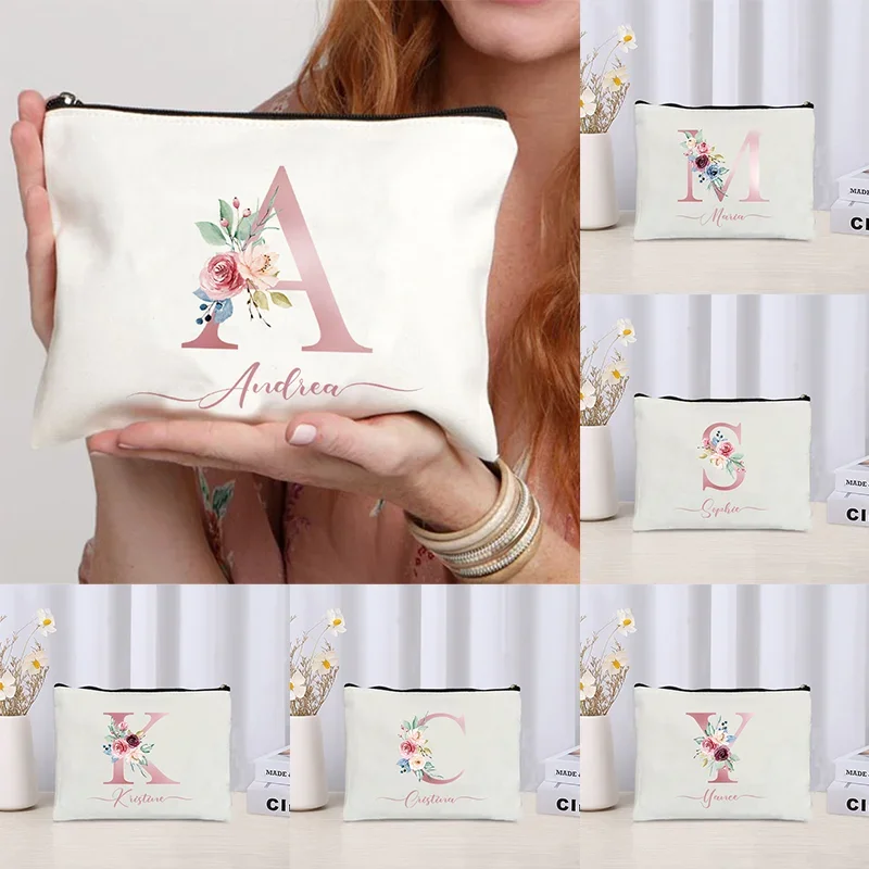 

Холщовый пенал с именем по индивидуальному заказу для студентов, милый цветочный буквы, сумка для канцелярских принадлежностей, подарок учителю, прочный школьный клатч