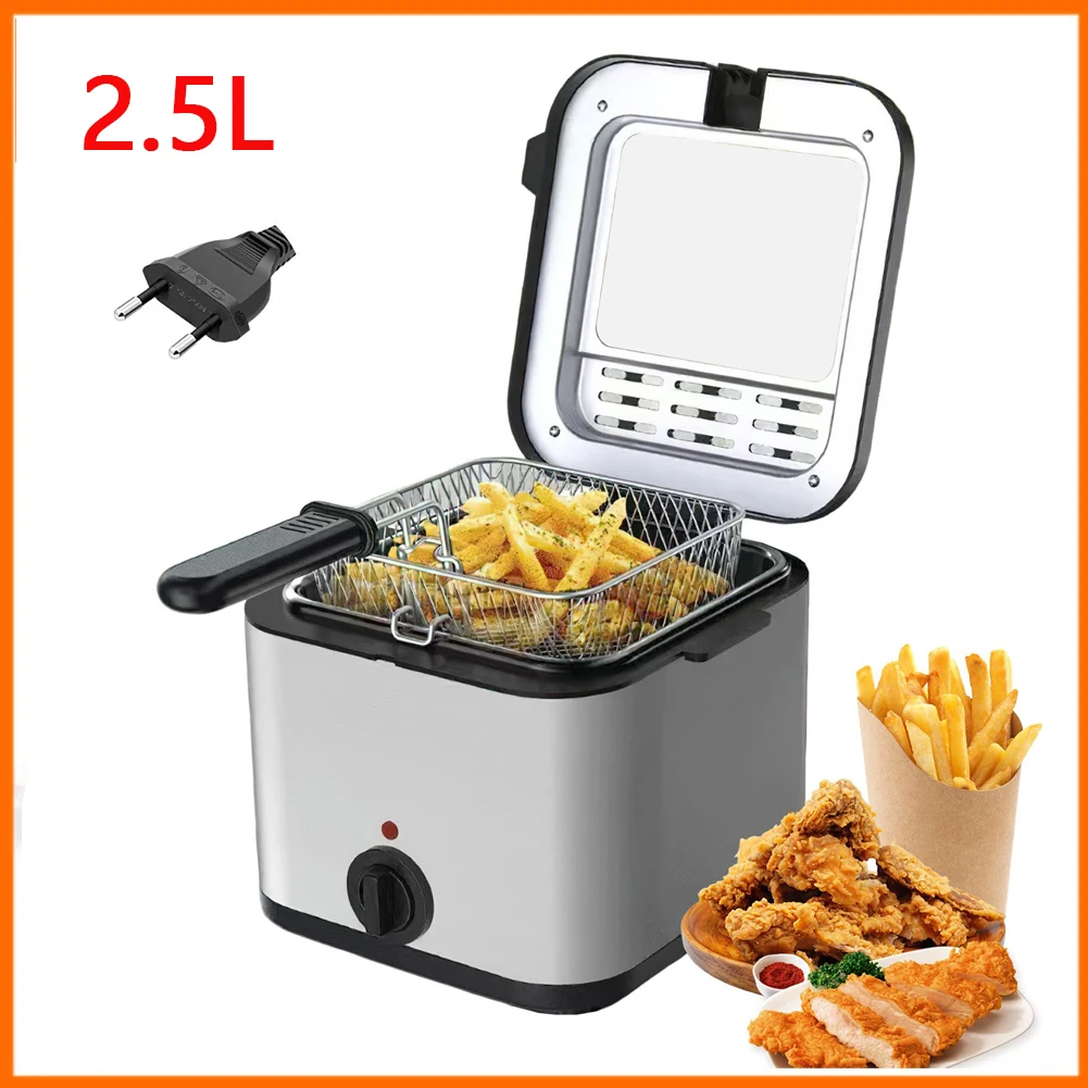 2.5L Electric Deep Fryer 1000W Compact Fryer 80-190℃ Temperature Adjustable Large Clear Window French Frie Machine