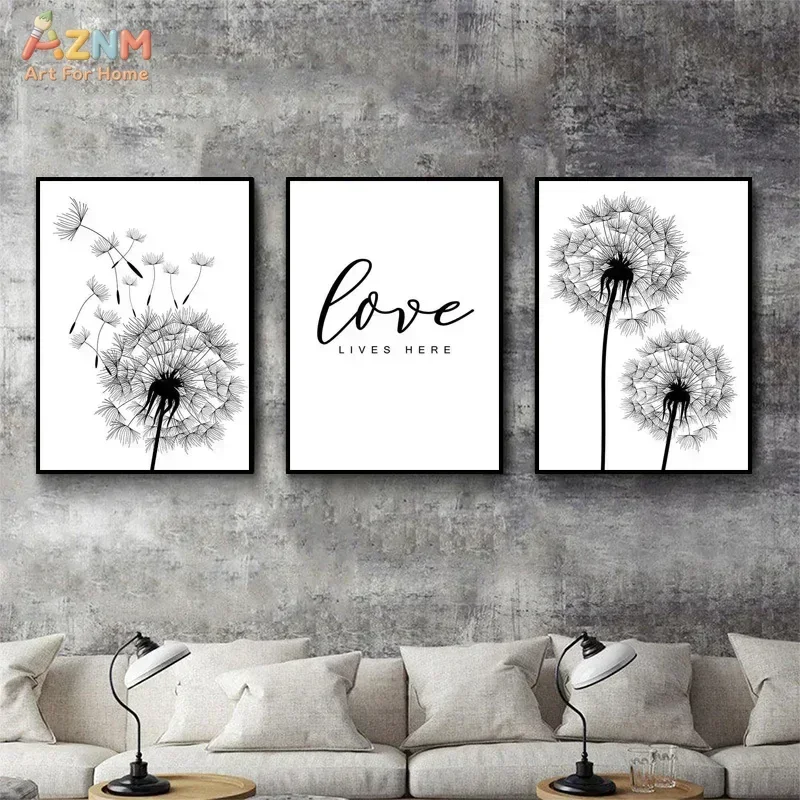 AZNM Black White Dandelion Canvas Poster Life Is Beautiful Love Quote Minimalist Floral Wall Art Decor, Unframed Canvas Painting