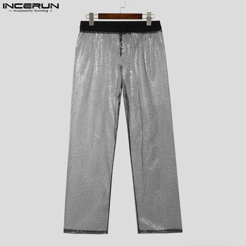 2024 Men Pants Mesh Transparent Shiny Elastic Waist Sexy Party Fashion Trousers Men Streetwear Casual Long Pants S-5XL INCERUN