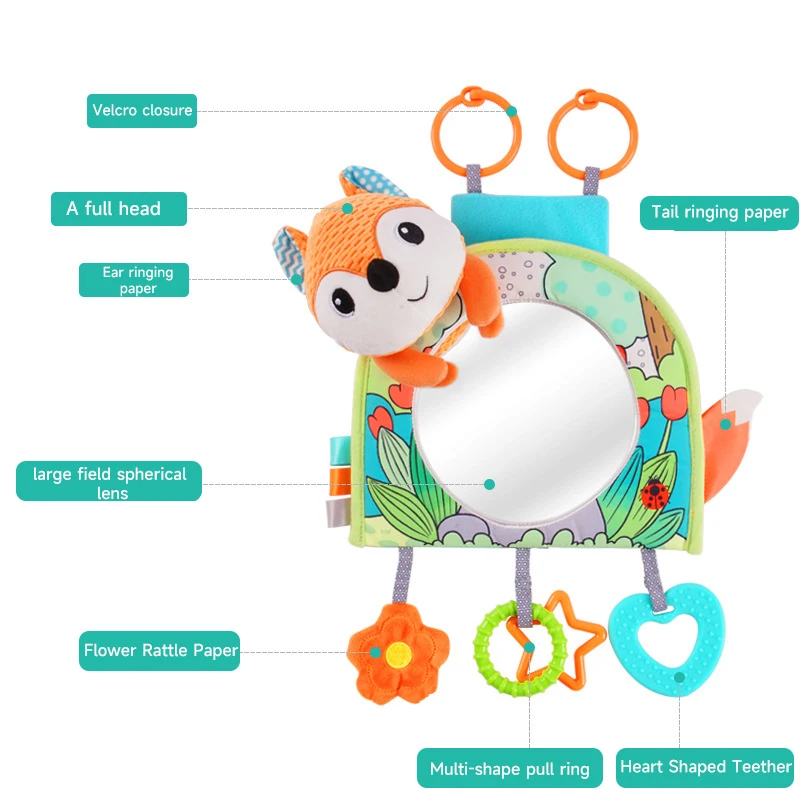 Baby Car Seat Toys Multi-Function Baby Mirror Toys Infant Soft Mirror Tummy Time Toys Hanging Squeaky Sensory Rattle Baby Toys