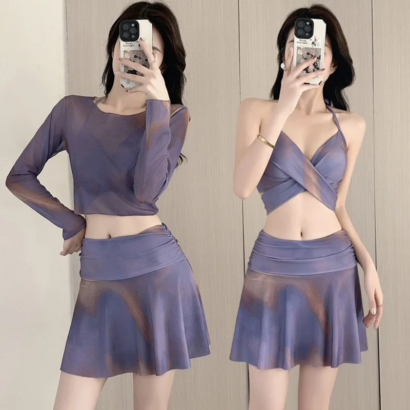 2026 New Women's Swimsuit Summer Two-Piece Bikini Long Sleeve Three-Piece Set Small Chest Push-Up Hot Spring Vacation Plus Size