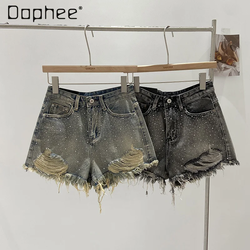 

Women Shiny Rhinestone Ripped Denim Shorts Hot Girls Vintage High Waist Wide Leg Fashion Jeans Shorts Y2k Korean Style