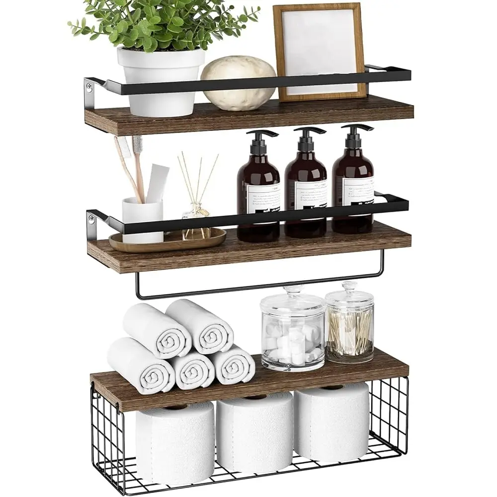 

S For Bathroom Wall Mounted,3Pcs Floating Shelves With Storage Basket, Bathroom Organizers, Wall Mounted Rustic Wood Shelves