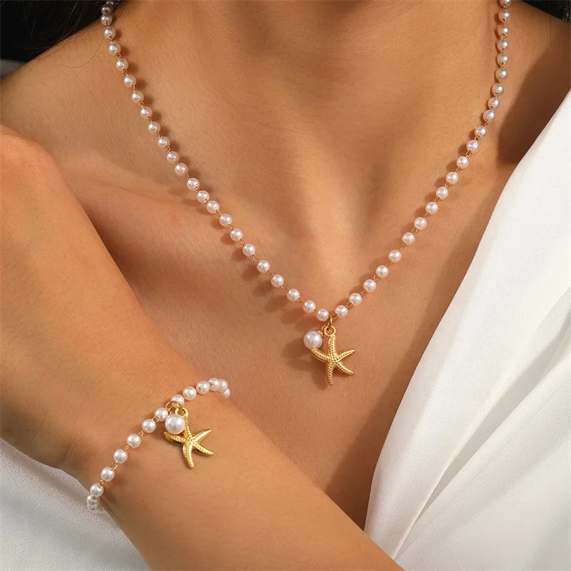EILIECK 316L Edelstahl Muschel Seestern Perlen Schmuckset für Damen Mode Neue Wasserdichte Halskette Armband Ohrringe Geschenk – Detail 15