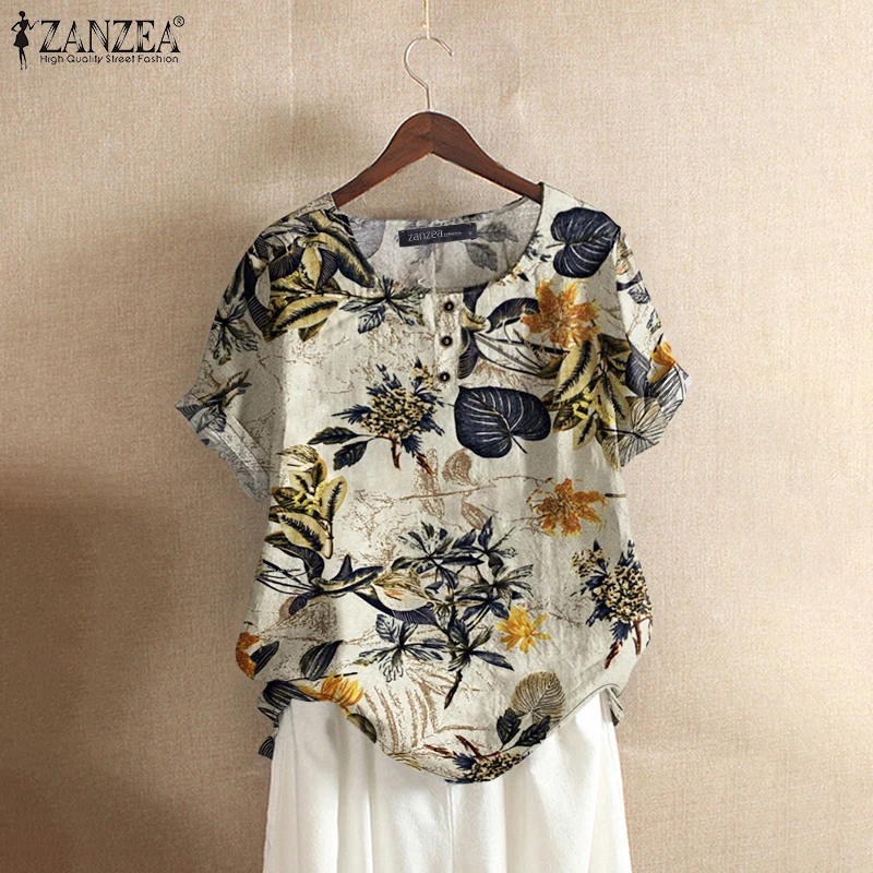 

ZANZEA Women Cotton Shirt Fashion Female Floral Printed Tops Kaftan Chemise Summer Short Sleeve Blouses Causal O-neck Tunic