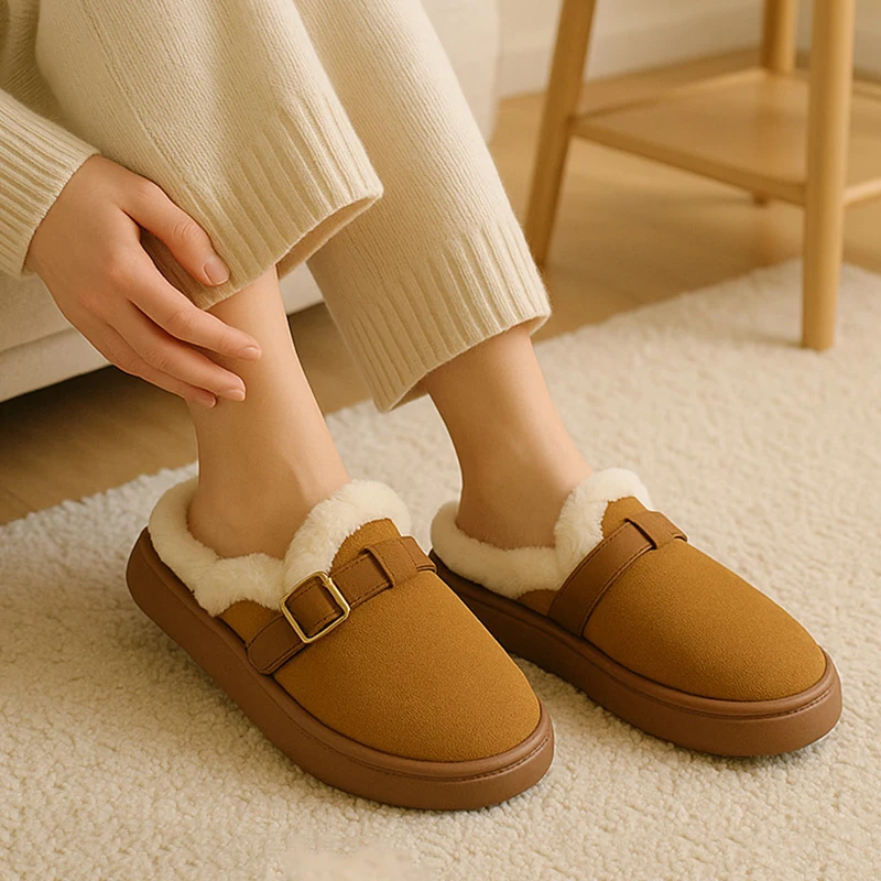 Soft Thick Bottom Fluffy Fur Mules Slippers Women Winter 2026 Casual Metal Buckle Furry Indoor Slippers Warm Plush Slides Mujer