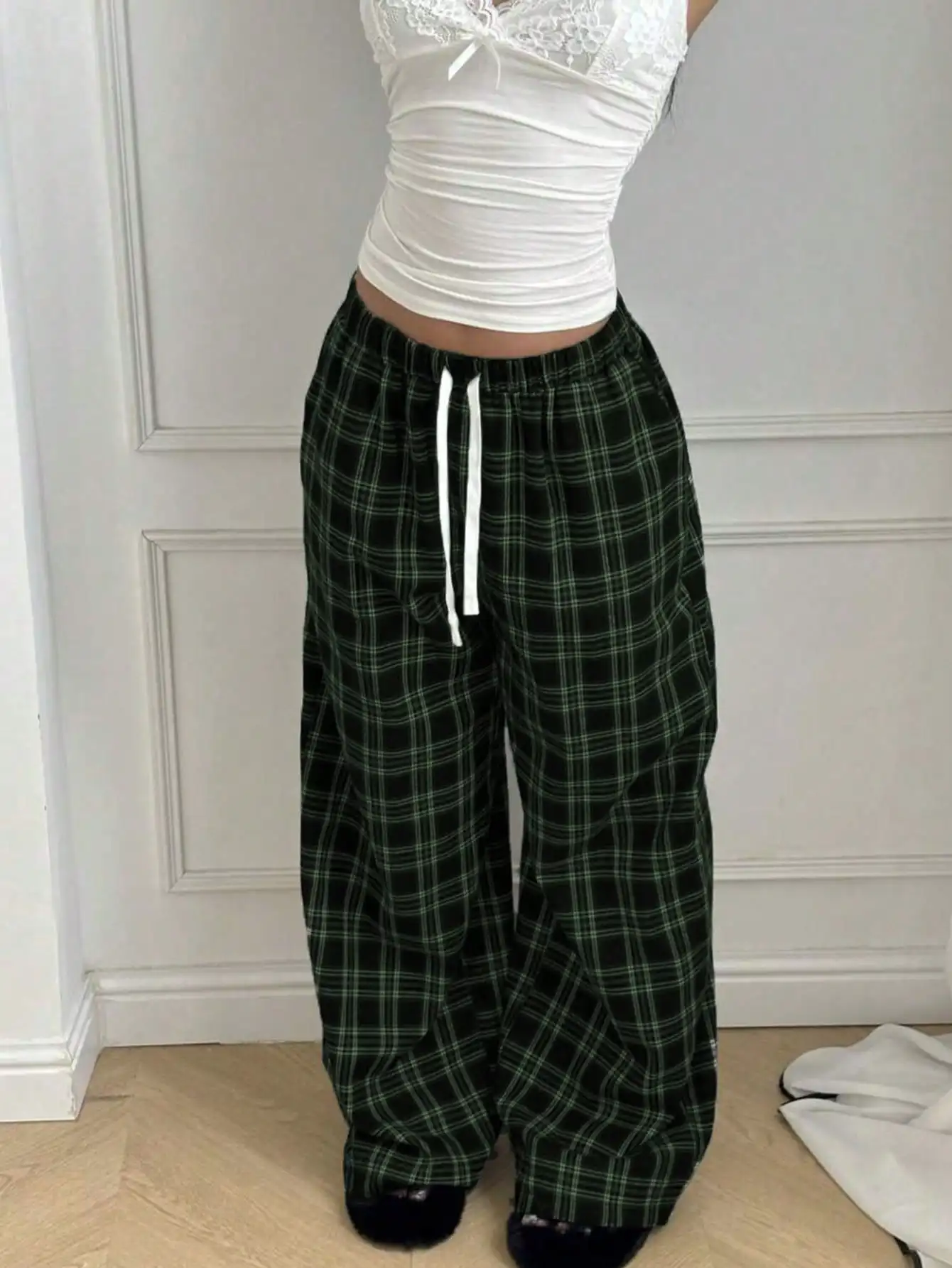 Sommer Schnelltrocknende Weite Lange Hose Unisex Marineblau-Weiß Kariertes Muster mit Kordelzug Lose Y2K Alltags-Casual-Streetwear-Hose – Detail 6