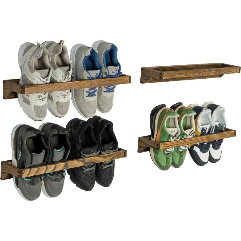

Set of 4 Rustic Burnt Solid Wood Hanging Shoe Storage Organizer Racks, Wall Mounted Space Saving Footwear Holder for Closet,