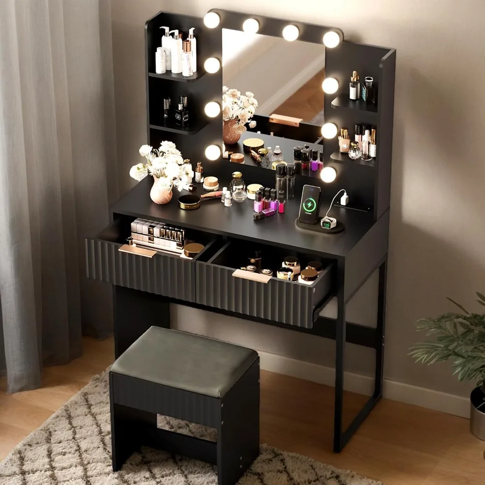 

Fluted Makeup Vanity Desk with Mirror & Lights & Power Outlet, Small Vanity Table w/ 2 Drawers & 4 Storage Shelves