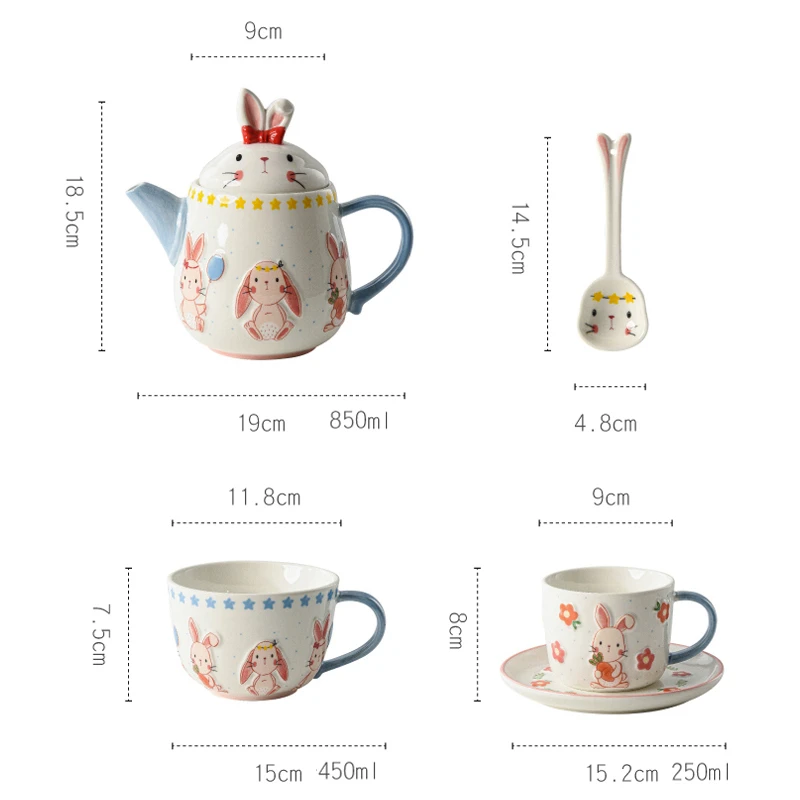 Ceramic Animal Embossed Teapot Water Pitcher Coffee Cup Saucer Milk Mug Tea Cup Relief Rabbit Design Spoon Drinkware Jug