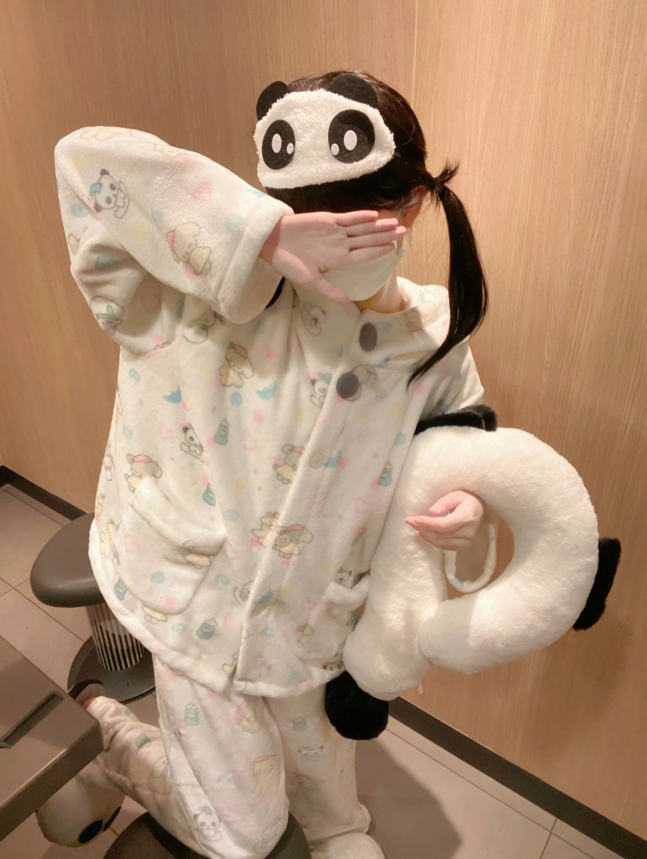 Piyama Panda asli bertudung flanel hangat kartun musim gugur dan musim dingin anak perempuan pakaian tidur piyama telinga lucu set pakaian tidur