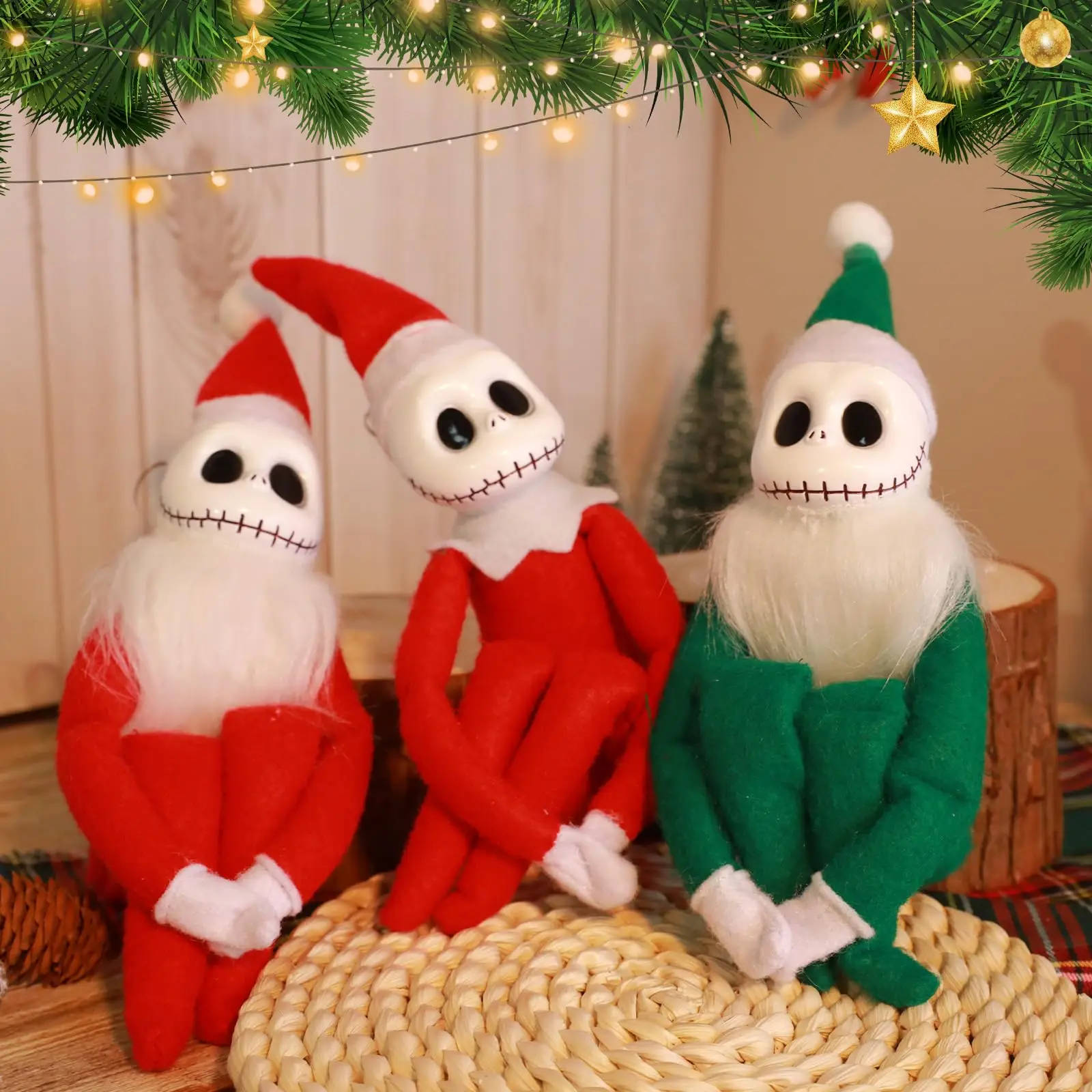 Jack Skellington Santa Plush Doll Toy Christmas Jack Skeleton Soft Stuffed Elf Ornament for Xmas Tree Home Decor Gifts Green Red