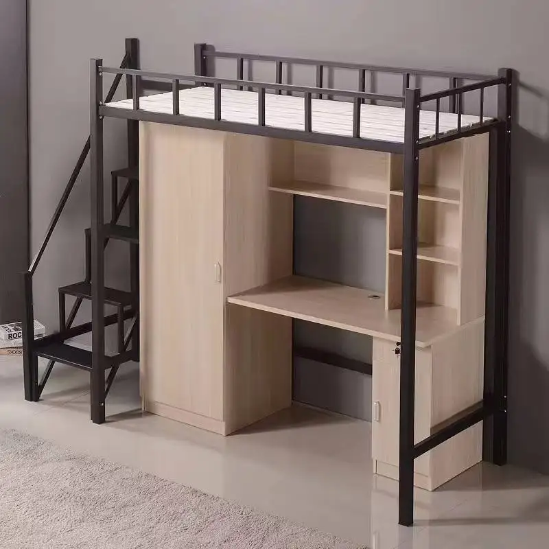 سرير يوث نزل علوي مع طاولة دراسة خشبية سرير معدني بطابقين مع سلم وخزانة ملابس للمبيعات #2