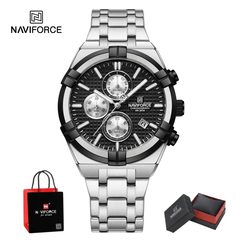 Montre chronographe à quartz NAVIFORCE pour homme, étanche, lumineuse, date, acier inoxydable, décontractée, sportive, pour affaires, coffret cadeau