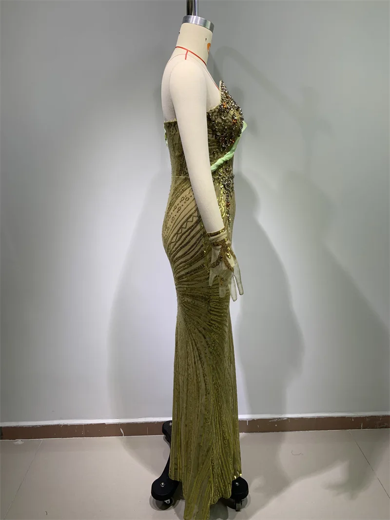 2025新作 レディースドレス ファッショングローブ ラインストーン スパンコール刺繍 ボディコン オフショルダー オリーブグリーンドレス 高級イブニングドレス