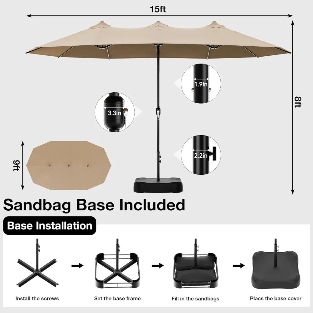 مظلة فناء كبيرة بطول 15 قدم مع قاعدة متضمنة، مظلة خارجية مزدوجة الجوانب، مظلة مستطيلة بمقبض كرنك، 12 ش #2