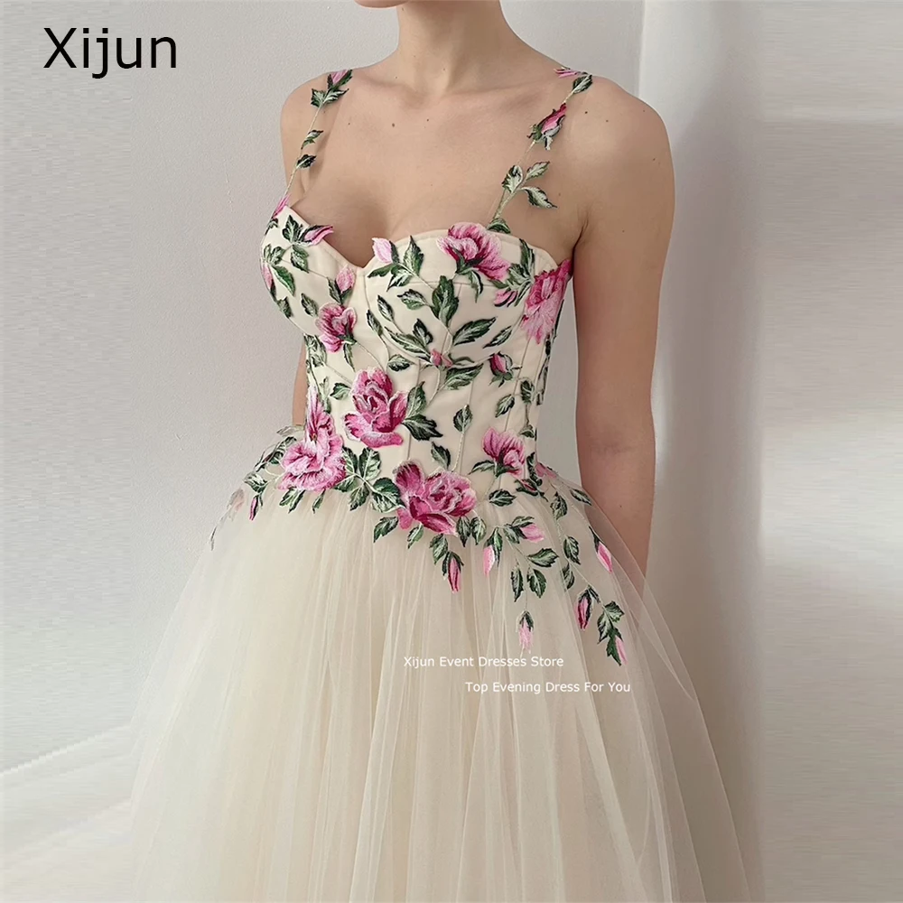 Xijun Tulle Wedding Dress A Line Spaghetti Strap Bride Dresses Evening Dress With Embroidery Flower Boho Party Dress Prom Gown