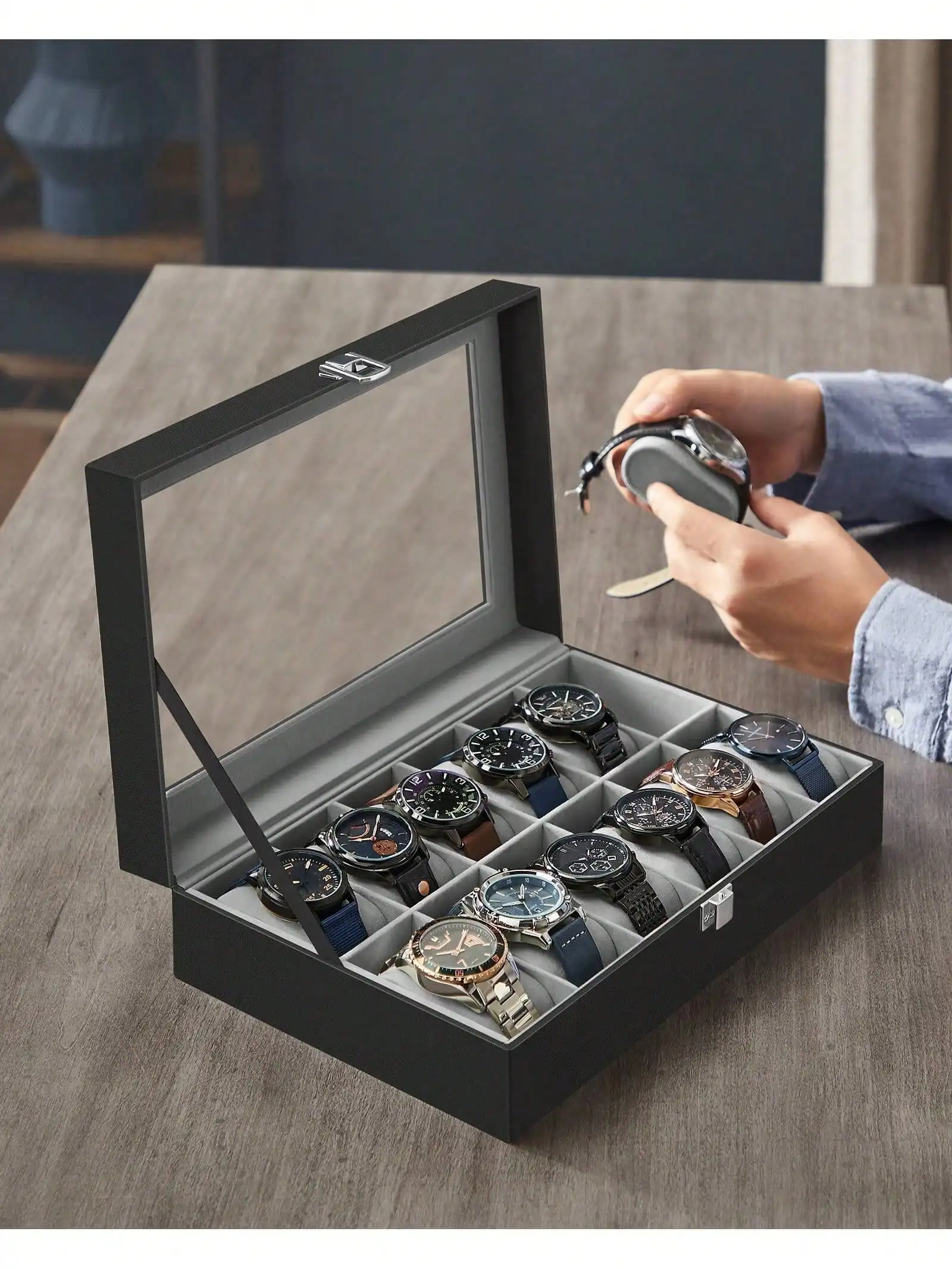 12-Slot Lockable Watch Box with Glass Lid & Drawer, 2-Layer Leather Watch Display Case Organizer for Rings Bracelets, Black/Brown/Gray view 4