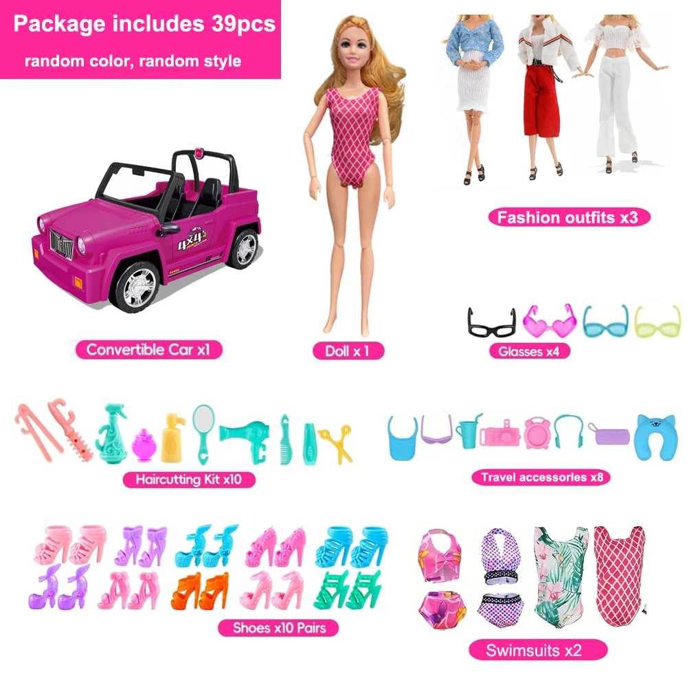 39-delige speelset voor poppen en cabriolet, inclusief pop van 11,5 inch, auto, modejurken, vrijetijdskleding, zwemkleding, schoenen, speelgoed voor meisjes