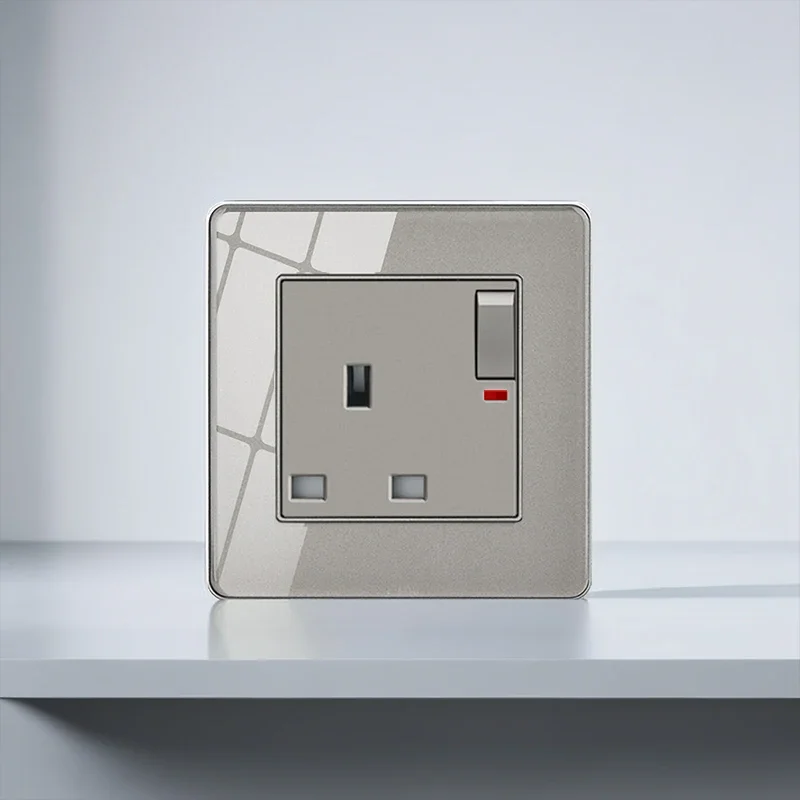 T&I 13A 1-GANG DP SWITCHED PLUG SOCKET Grey Glass 13 Amp Switched Single Power Socket 86*86mm