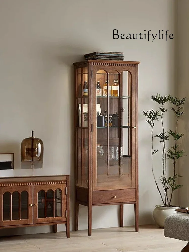 American light luxury retro solid wood medium ancient style walnut color glass cabinet simple dining side cabinet