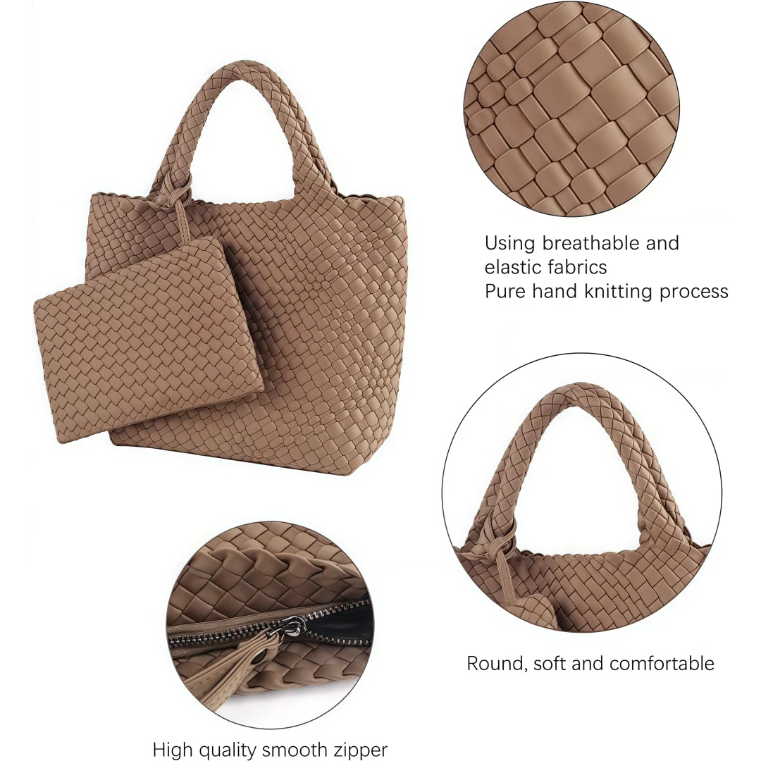 Woven Tote Bag + Purse Women Neoprene Tote Handbag Fashion Large Shoulder Top-Handle Travel Bag Underarm Shopper Bag for Women