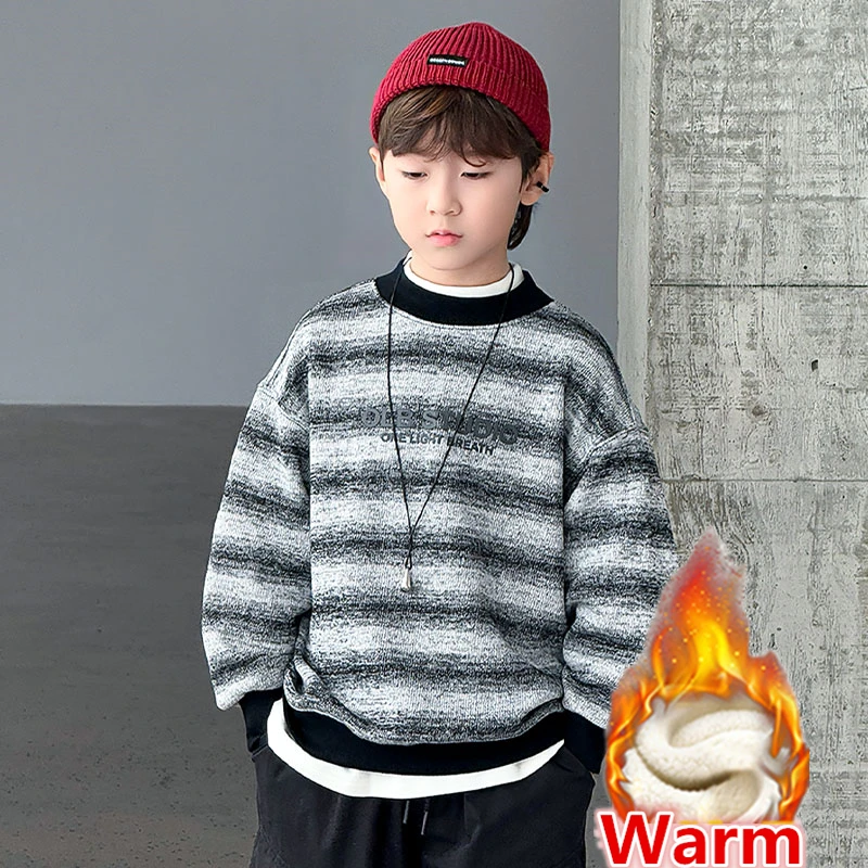 

Brief Style Kids Winter Clothes for Boys Insulated Striped Sweatshirt Children Warm Fleece Lined Hoodie Coat Casual Outfit 5-14Y