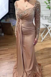 Fashionvane 2024 Customized Mermaid Sweetheart Neck Long Sleeves Beaded Satin Pleated Floor Length Long Prom Dress Evening Dress