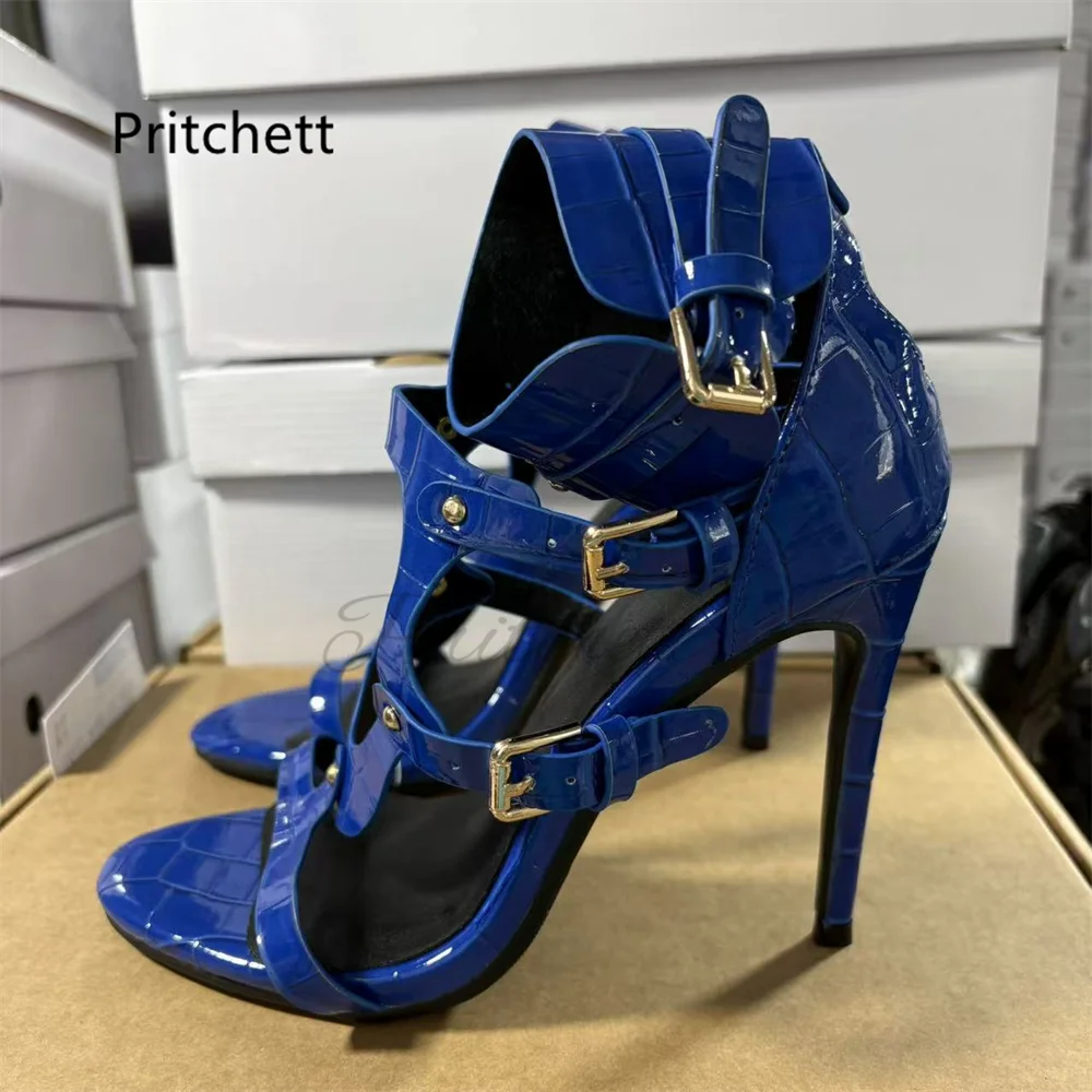 Blue Alligator Print High Heels Sandals for Women Cutouts Open Toe Patent Leather Belt Buckle Sandals Sexy Summer Wedding Shoes