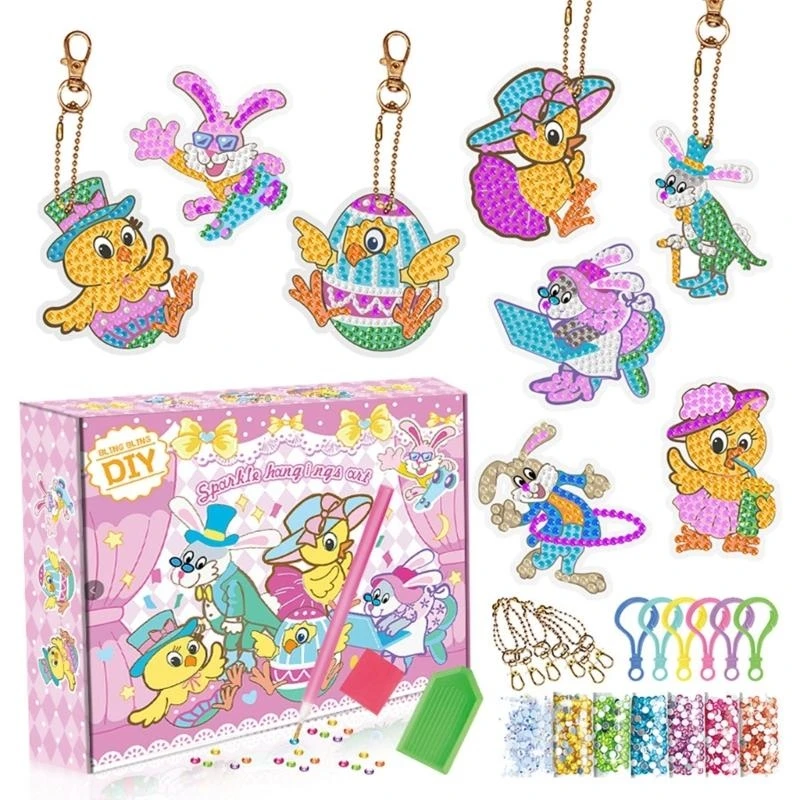 라인 석 스티커 키 체인 부활절 라인 석 스티커 키트 부활절 장난감 토끼 라인 석 스티커 어린이위한 DIY 키 체인 K 15UB