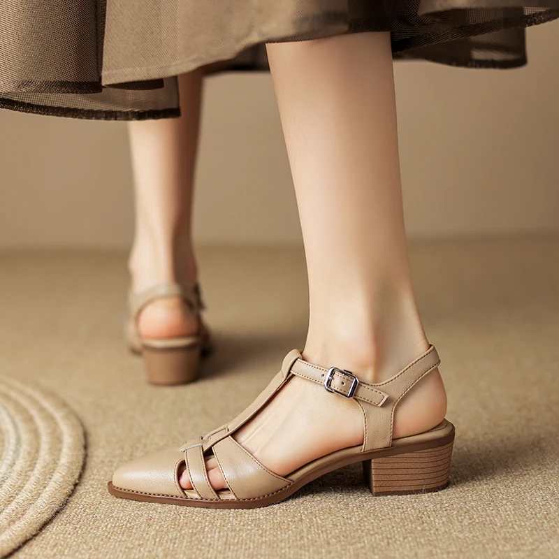 Women Retro Sandals Shoes 4.5cm Thick Heels Pointed Toe Casual Style Shoes Women Elegant Sandals Concise Genuine Leather LX75